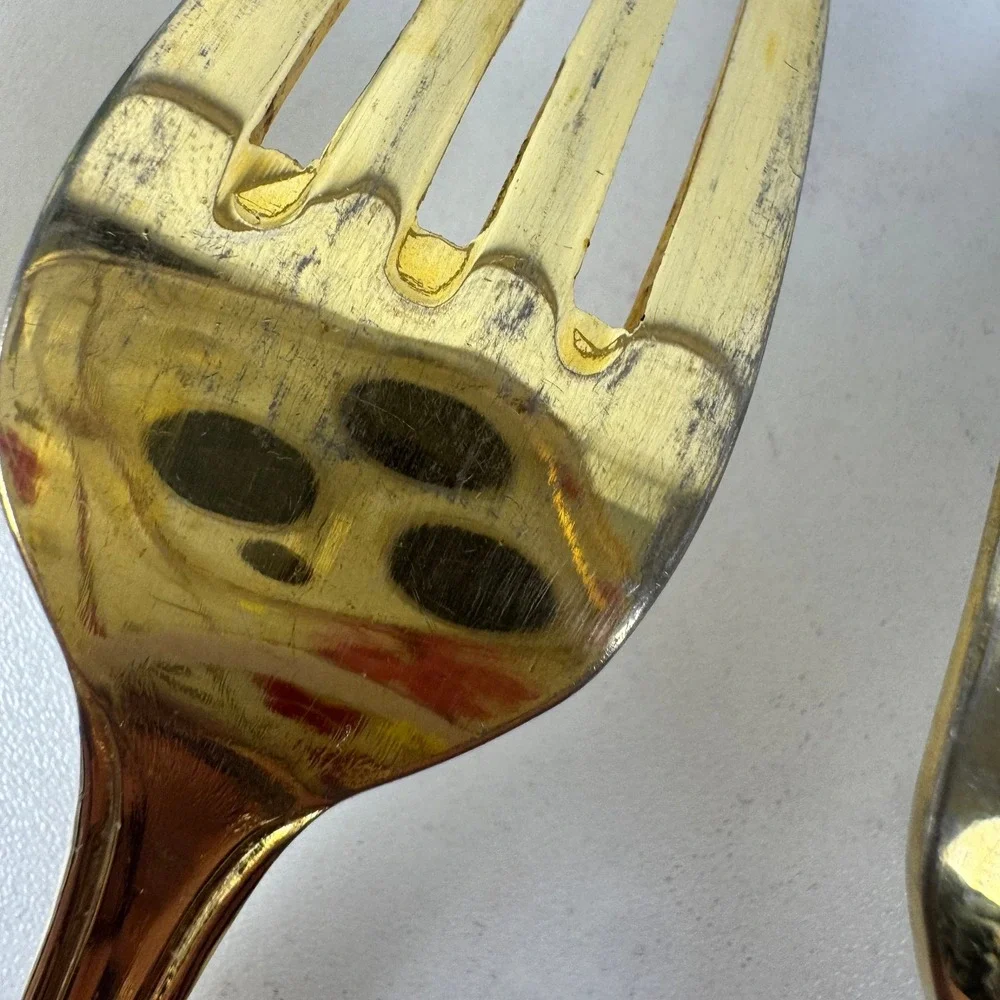 Vtg‎ Royal Gallery Gold Tone Dinner Forks Set 6 Japan Flared Scroll Handle